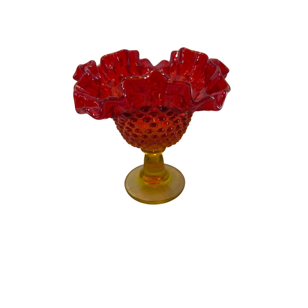 Vintage Fenton Amberina Hobnail Glass Compote Ruffled Candy Dish Red Amber